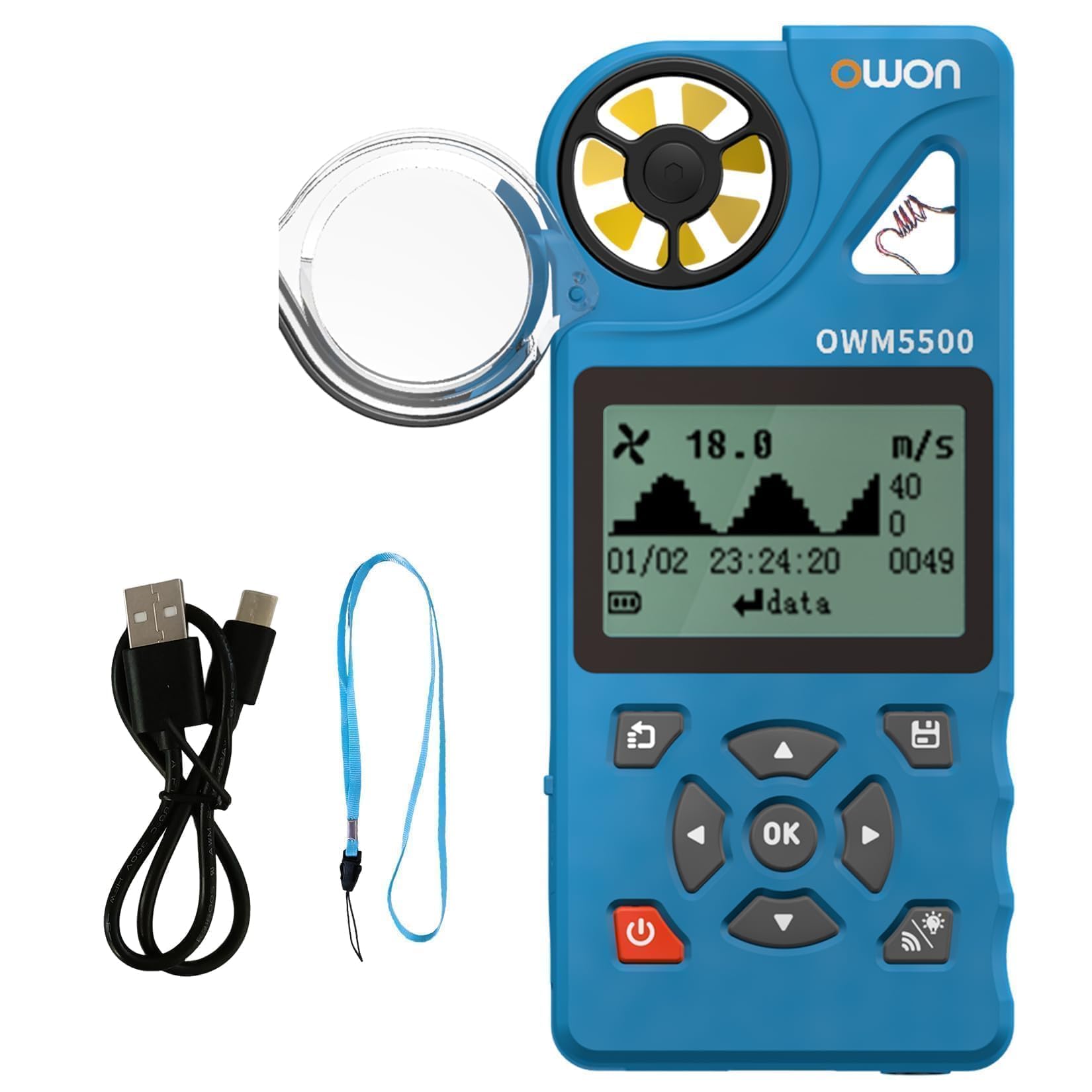 OWON Anemómetro Digital OWM5500: Herramienta HVAC portátil para el Flujo de Aire CFM, medición de la Velocidad del Viento, Temperatura y monitoreo de la Humedad con sincronización USB a PC.