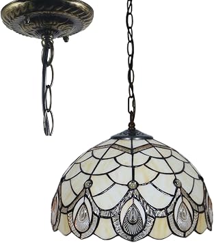 BOTOWI Tiffany Hanging Lamp, Stained Glass Ceiling Pendant Fixture with 12 Inch Wide Handmade Beige Lampshade, Cream Vintage Antique Pendant Lighting for Dining Hallway Kitchen Balcony,Pintail [Energy Class A]