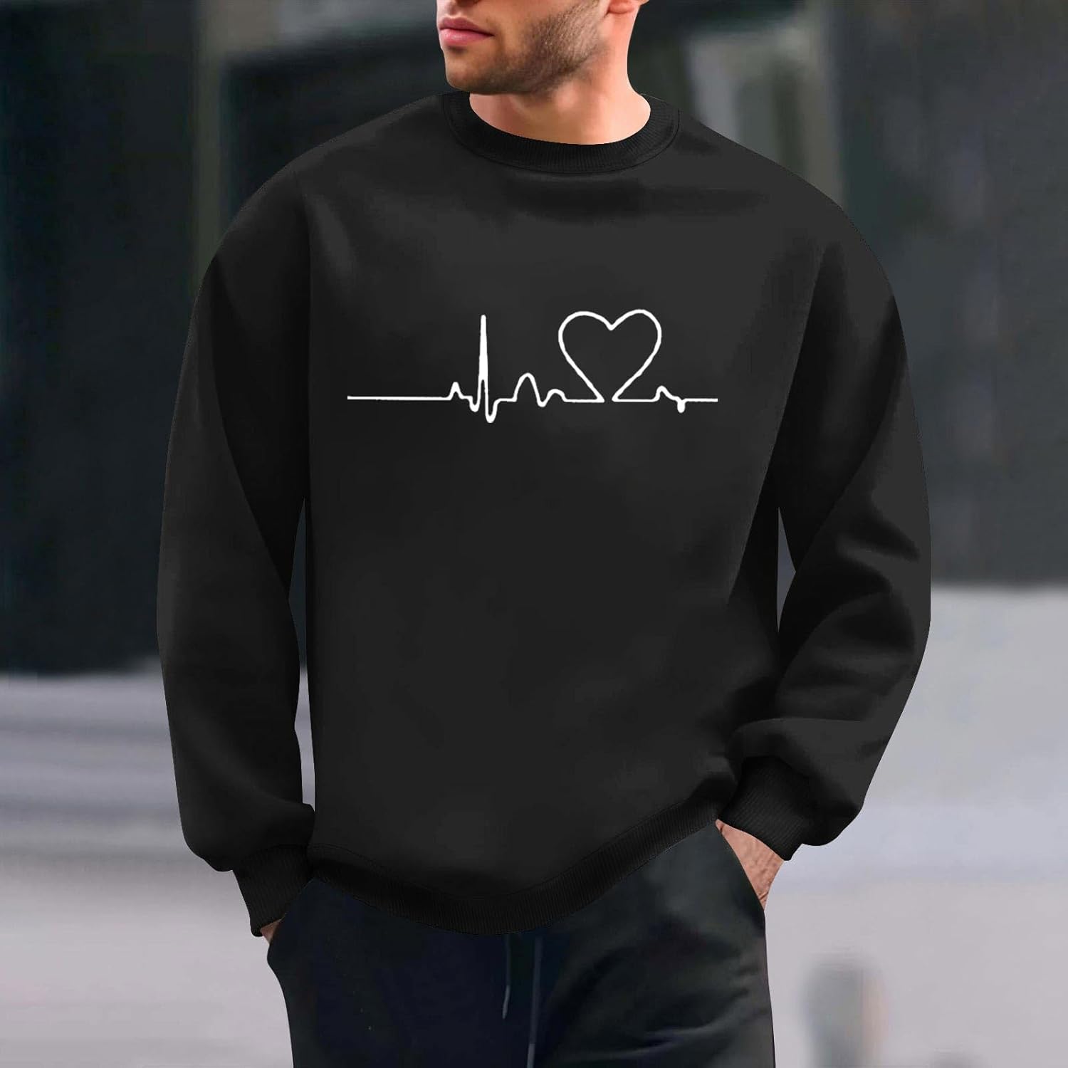 Zeiyignr Heartbeat Sweatshirts for Men Valentines Day Love Heart Graphic Sweatshirt Casual Long Sleeve Crewneck Pullover Tops - Image 2