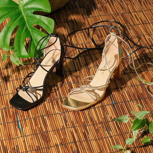Allegra K Allegra K Women's Square Heels Lace Up Strappy Chunky High Gold Heels Sandals 7 M US