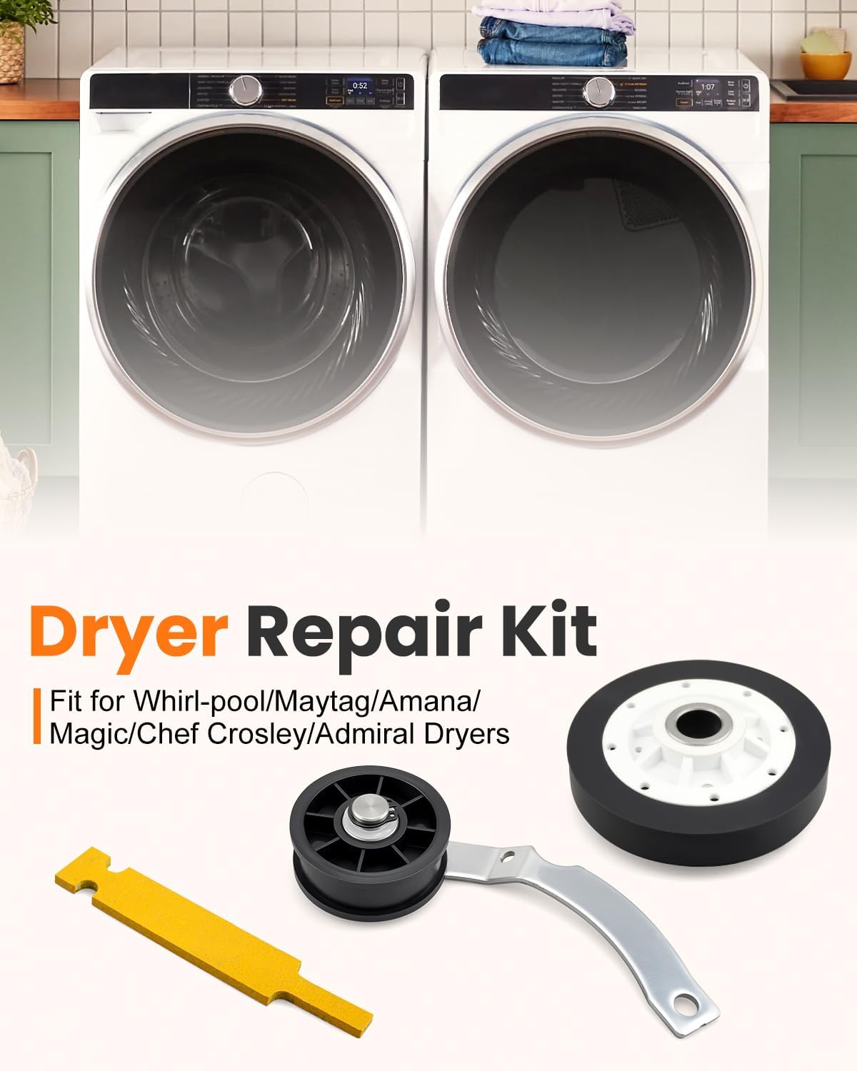 Dryer Repair Kit – Drum Glide 37001298, Idler Pulley 37001287, Drum Roller 37001042 Fit for Whirlpool/Maytag/Amana/Magic Chef/Crosley/Admiral Dryers ReplaceWP37001298, WP37001287