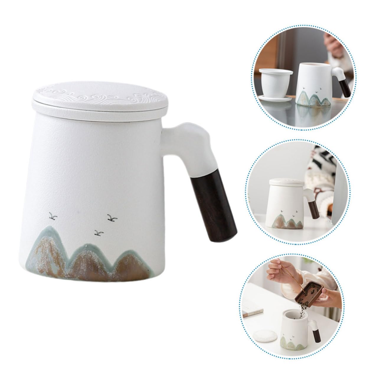 PRETYZOOM Tasse à Thé Grosse Tasse à Café en Céramique pour Infusion avec Infuseur et Couvercle en Bois avec Filtre Intégré pour Bureau et Maison