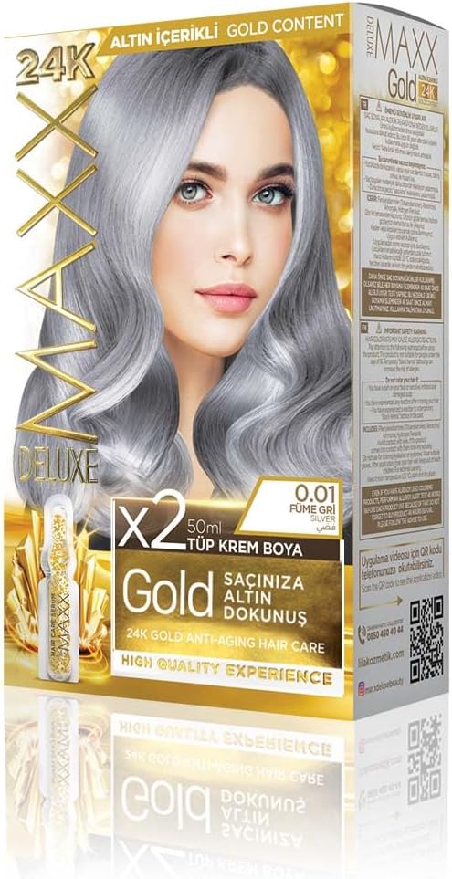 MAXX DELUXE Gold serisi 24K Altın Parçacıklı Serum ile 1 Kutu 2 x 50 ml ve Geliştiriciler Saç Boyası (FÜME GRİ 0.01)