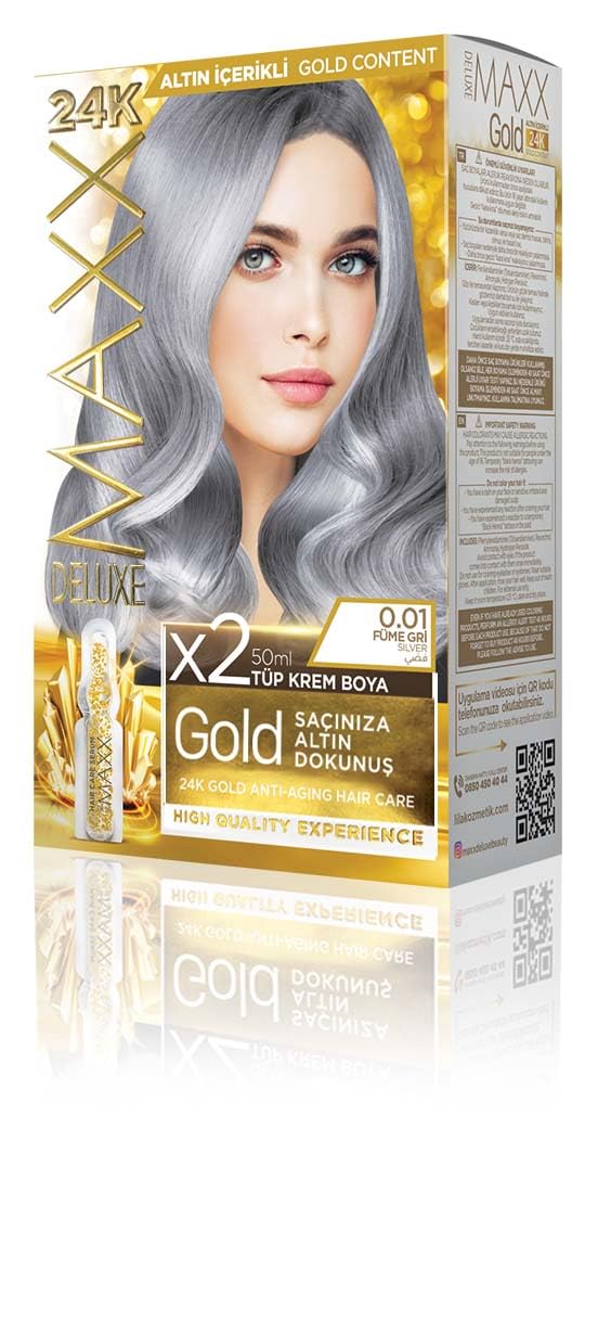 MAXX DELUXE Gold serisi 24K Altın Parçacıklı Serum ile 1 Kutu 2 x 50 ml ve Geliştiriciler Saç Boyası (FÜME GRİ 0.01)