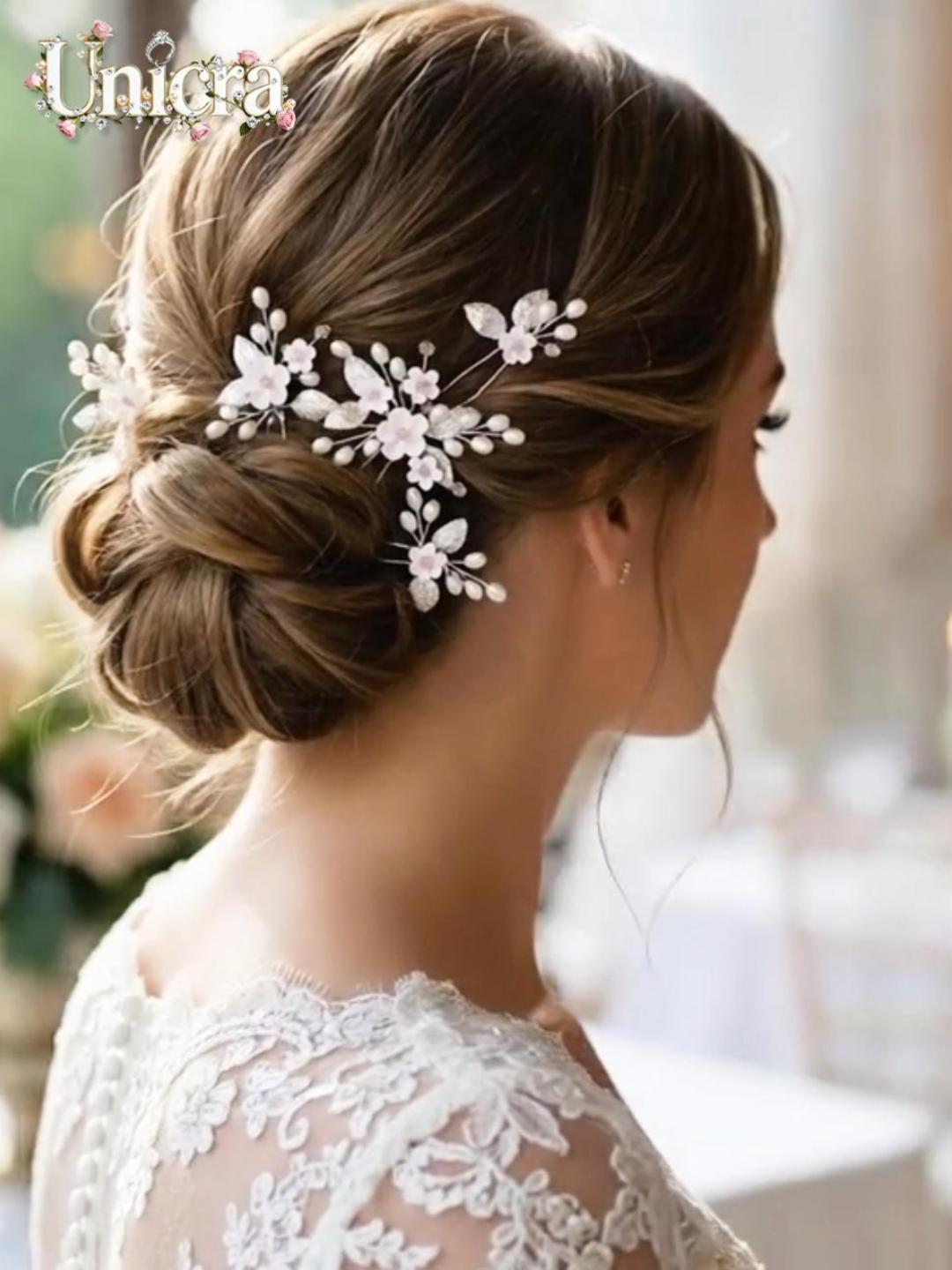 Amazon.com : Unicra Flower Bride Wedding Hair Pins Silver  display picture 3