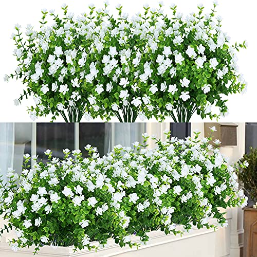 ArtBloom 6 Bundles Outdoor Artificial Flowers UV Resistant Fake Boxwood Plants, Faux Plastic Greenery for Indoor Outside Hanging Plants Garden Porch Window Box Home Wedding Farmhouse Decor (White)