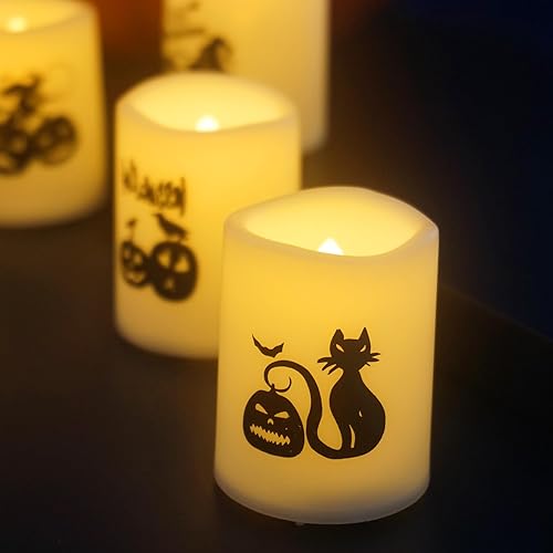 Miniatura 3 de Velas votivas LED de Halloween, funciona con pilas, luces LED eléctricas parpadeantes sin llama con calabaza para fiesta de Halloween, Acción de