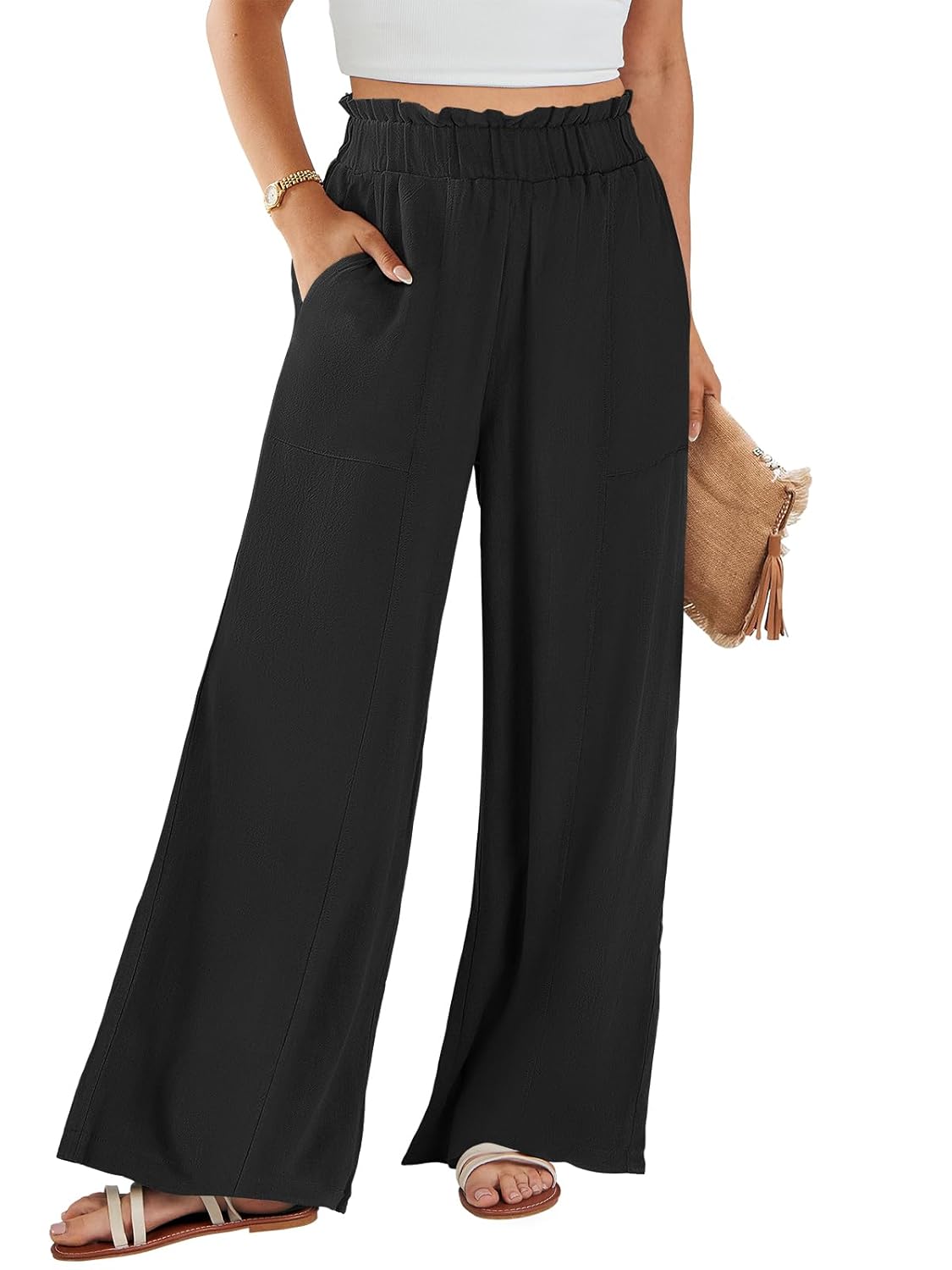 ANRABESS Womens Linen Pants 2026 Summer Casual Loose Wide Leg Palazzo Pants High Waist Flowy Beach Trousers Work