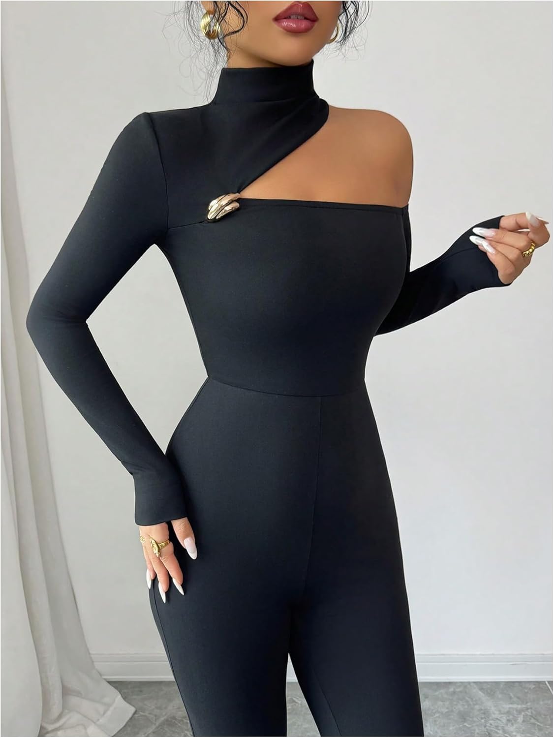 SweatyRocks Women's High Neck Long Sleeve Jumpsuit Elegant Cut Out Fitted Jumpsuit Office Outfits - Image 4