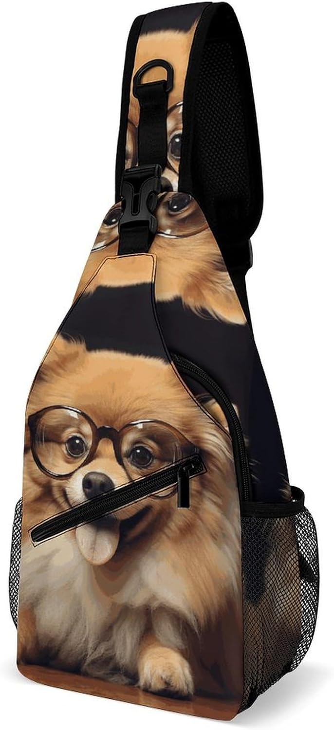 Sling Bag Crossbody Chest Bag Casual Shoulder Backpack Sport Travel Hiking Daypack for Women Men,Pomeranian Dog Wearing Glasses