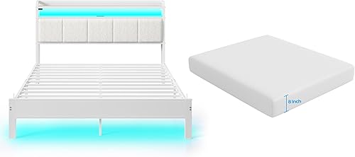 Miniatura 60 de Rolanstar Base de cama tamaño individual con estación de carga y luces LED, cabecera de piel sintética con estantes de almacenamiento, listones de