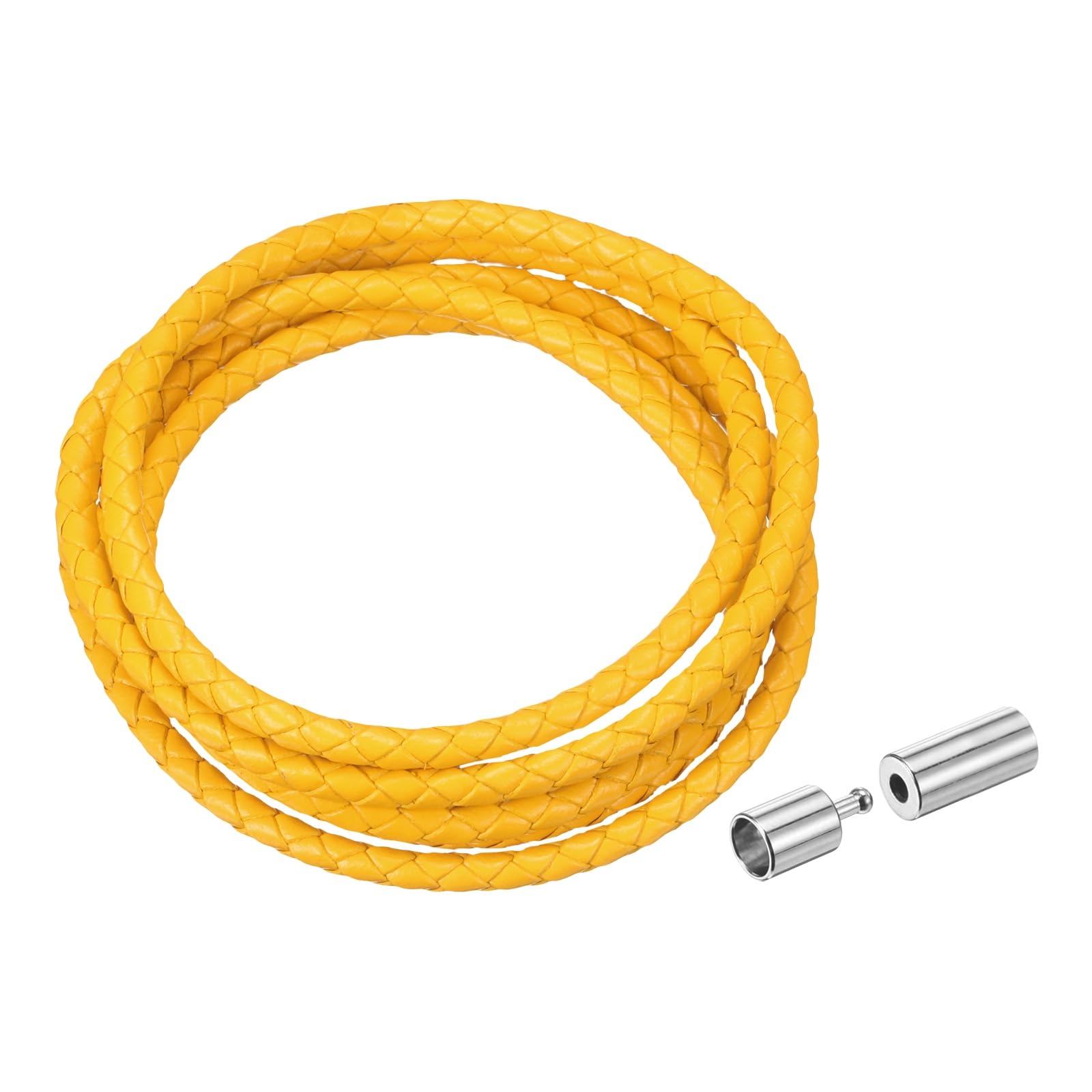 sourcing map Braided Genuine Leather Cord, 4mm 1.1 Yard Round Braiding String with Buttons, Leather Bolo Tie Cord for Crafting, Jewelry Making, Bracelets, Home Decoration, Yellow