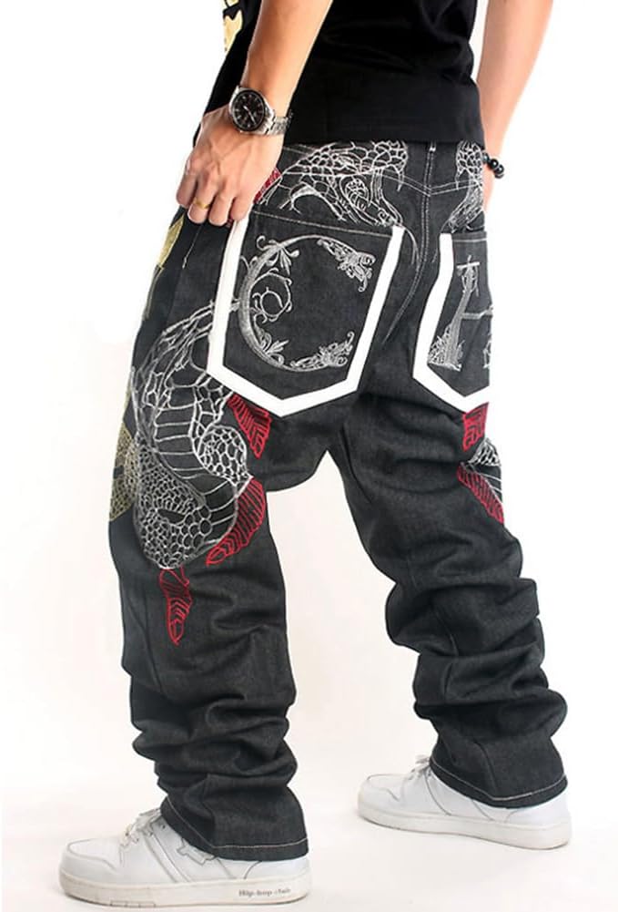 Ruiatoo Mens Jeans Fashion Skateboard Pants Snake Embroidery Baggy Jeans Hip Hop Denim Black Trousers