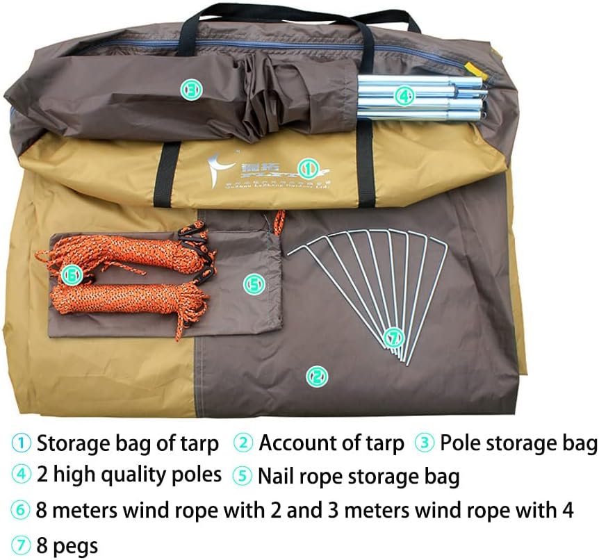 Tent Tarp Camping Tarp, 5-8 Person Outdoor Sun Shelter with Iron Poles, Camping Canopy Waterproof & UV-Protection Beach Sun Shade for Camping Hiking Fishing Picnic (Green)