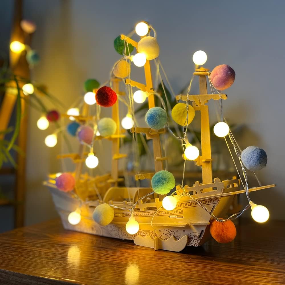 ChiRee Indoor Pom Poms Fairy Lights - 6.56 Feet, 20 LED, Battery Operated, Warm White Globe Lights for Home, Bedroom, Kids Playhouse, Holiday, Christmas