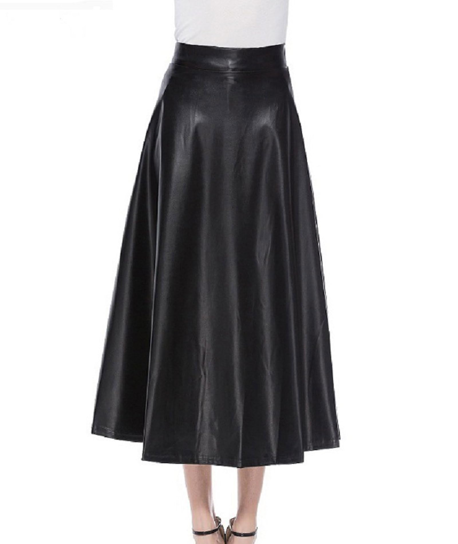 SEMATOMALA Womens Faux Leather A Line Flared Maxi Skirt Office Work Ladies High Waisted Swing Long Skirts