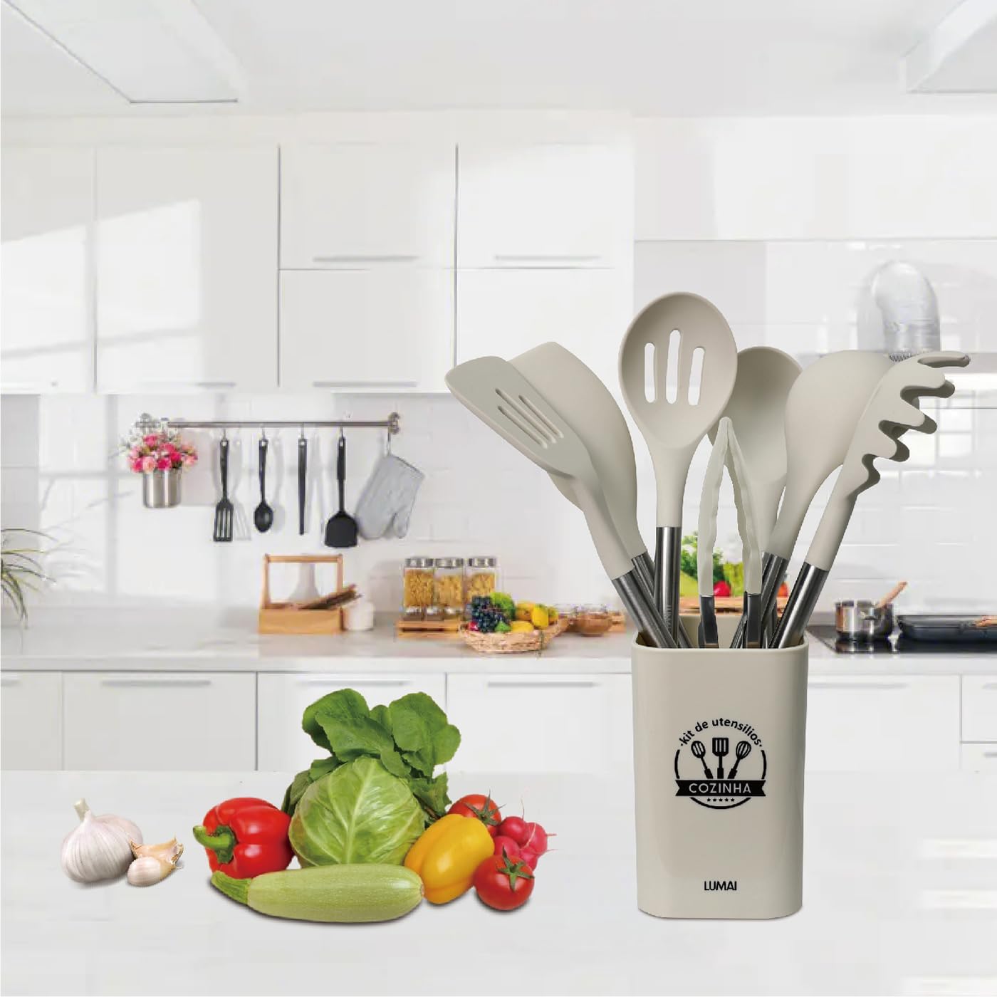 LUMAI Kit 8 Utensílios de Cozinha Grandes em Silicone e Aço Inox, Resistentes ao Calor, Antiderrapantes e Antirriscos, Acessórios de Cozinha Espátula, Colher, Pegador de Massa, Concha e Mais – Bege