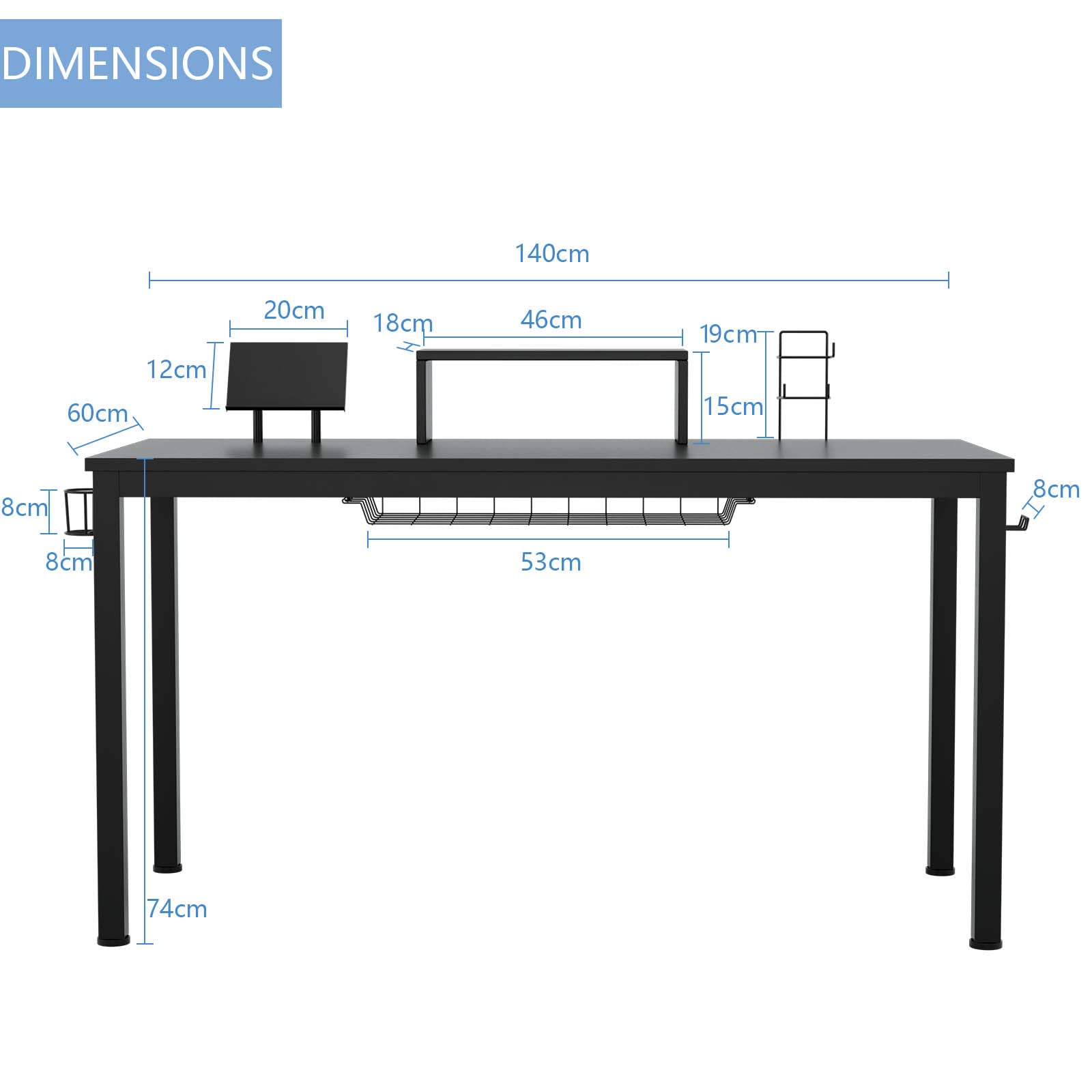 LIFEZEAL Scrivania Computer Gaming, con Supporto di Monitor, Cuffie, Tablet, Portabicchiere, Mensola, Tavolo per Gamer, Studio, Gioco, Postazione di Lavoro, Legno+Metallo, Max 60kg, 140x60x74cm