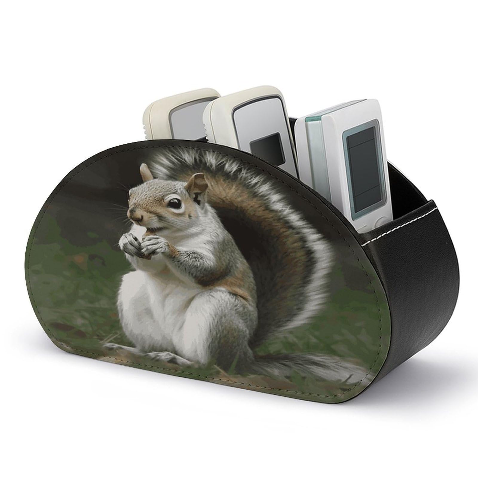 FekiLoot Squirrel TV Remote Control Holder with 5 Compartments Multi-functional Leather Bedside Table Remote Caddy Desktop Storage Box for Store Pen Controller Media Player Cosmetic