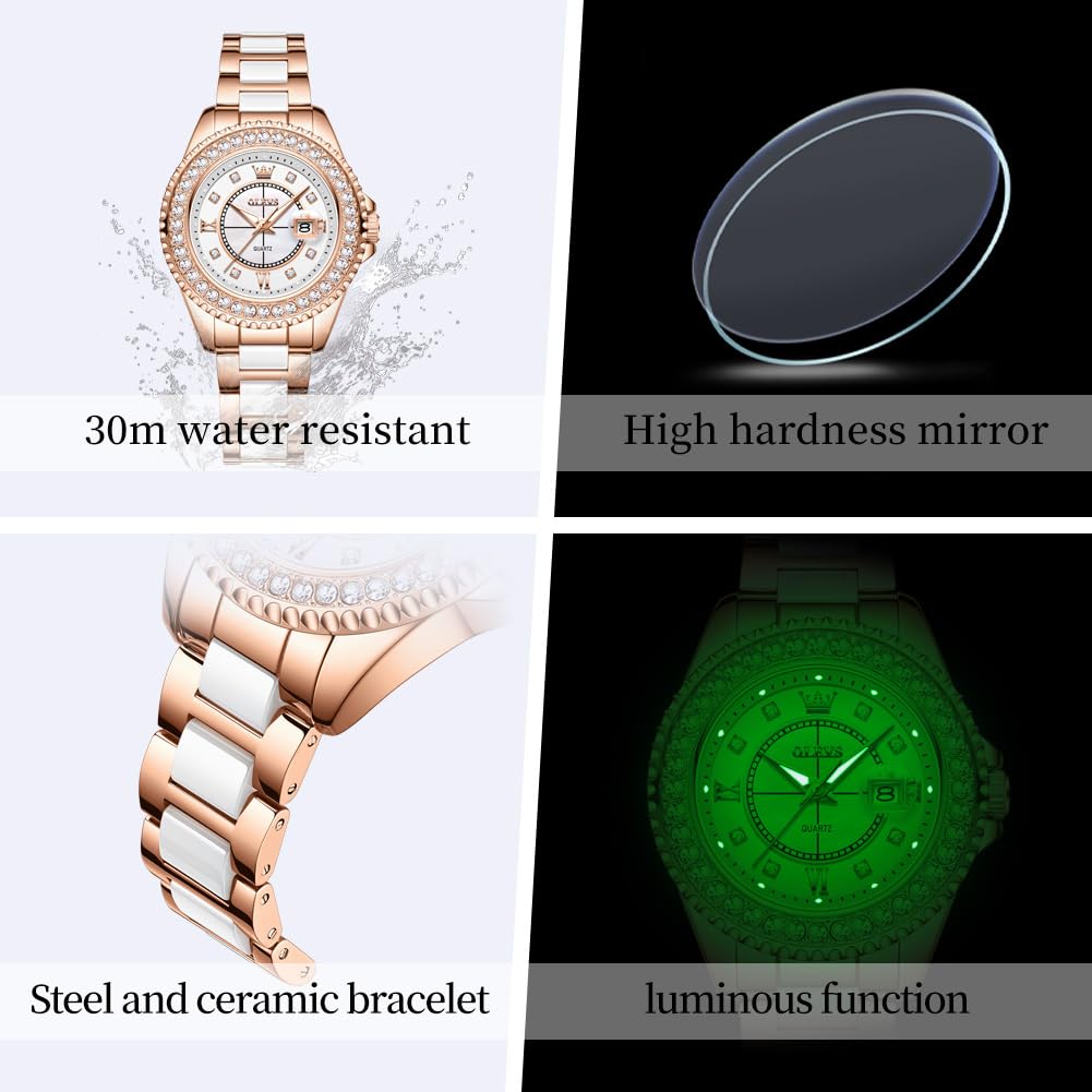 OLEVS Orologio automatico da donna, in oro rosa, con scheletro, meccanico, a carica automatica, elegante, elegante, elegante, elegante, con farfalla e diamanti bianchi, cinturino in ceramica