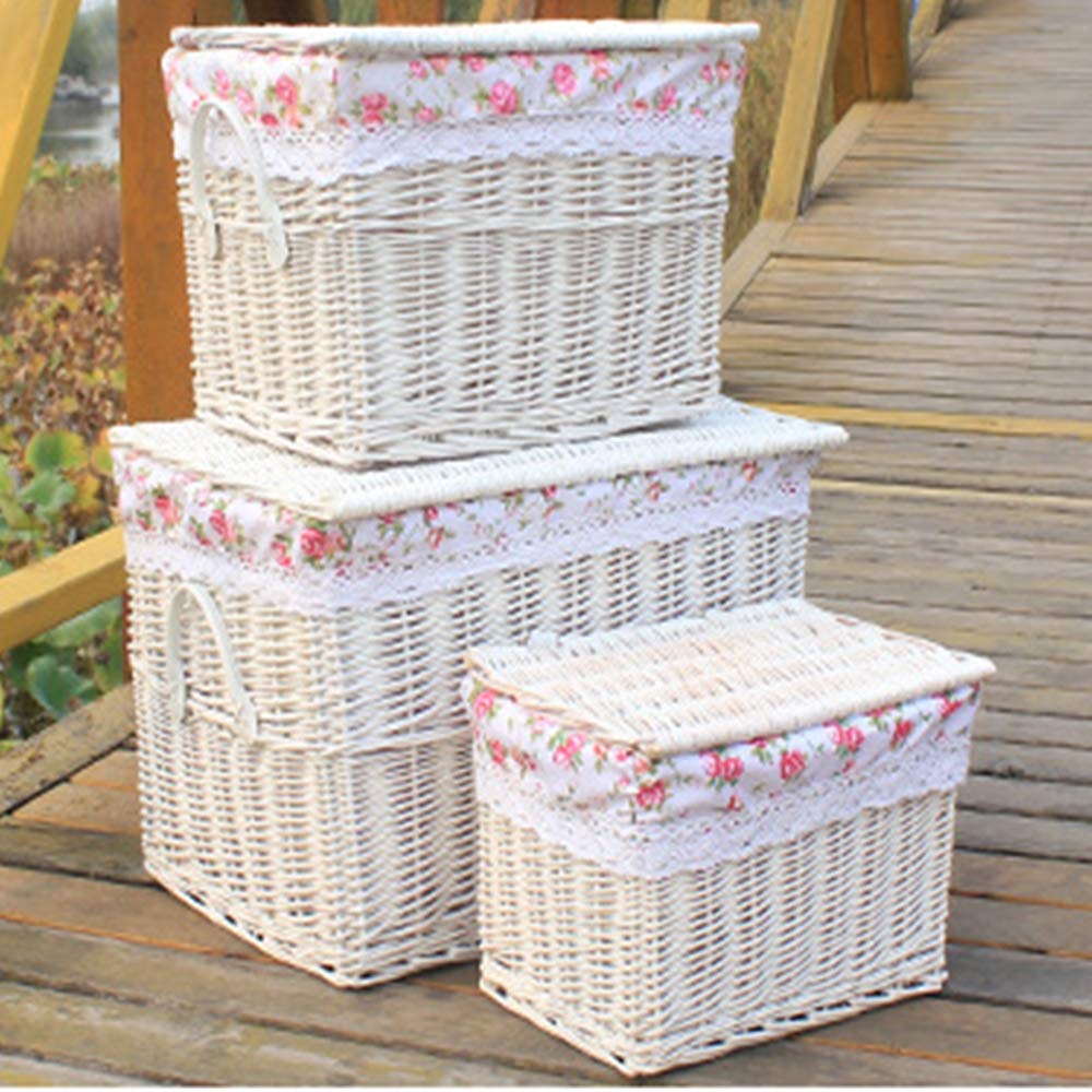 Panier de rangement en rotin saule blanc avec couvercle 38x28x28cm GGGGG