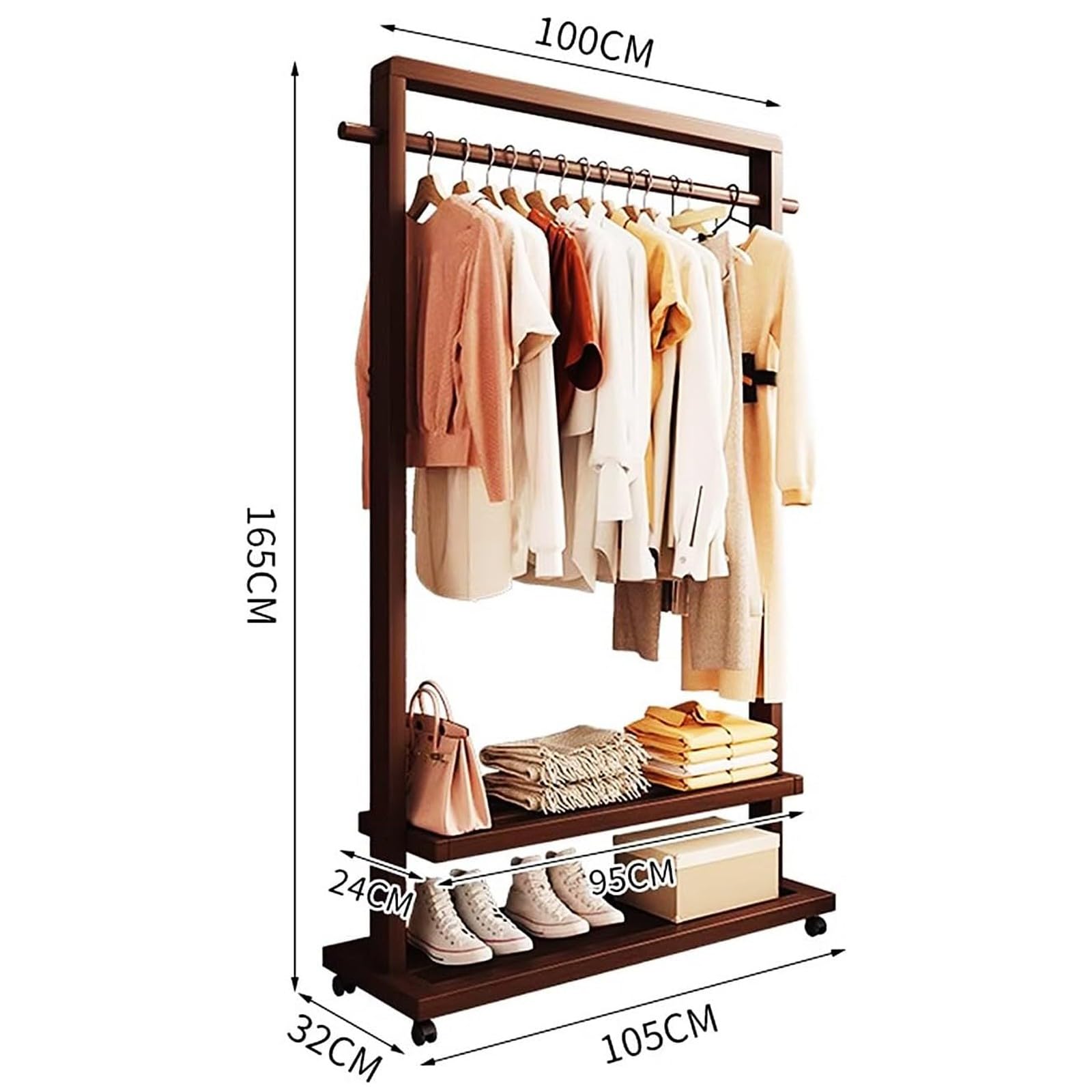 Perchero de madera maciza, perchero de bambú, perchero portátil con estante de almacenamiento y ruedas para colgar ropa, zapatos y ropa, adecuado para entrada, dormitorio, sala de estar Walnut,105