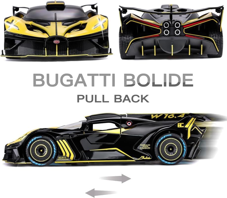Image of PINQUE Kids New Car 1:24 Big Bugatti Bolide Diecast Alloy Metal Pull Back Car with Openable Doors Music Sound and Light Vehicle Toy Car for Boys (Yellow)