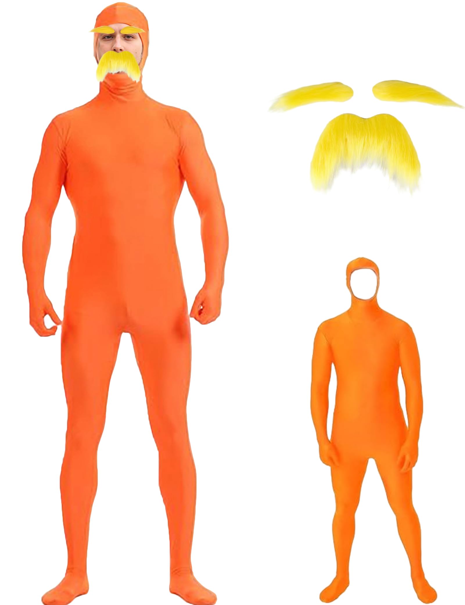 COSOUKE Orange Jumpsuit with Mustache Eyebrows Funny Halloween Costumes for Adult Men or Women Open Face Full Bodysuit Book Week Costume Spandex Zentai Cosplay Suit - 170cm