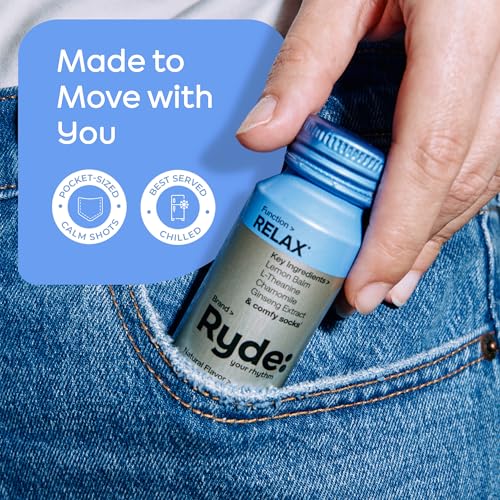 Image of Ryde: Relax Shot | Raspberry Flavor | Lemon Balm, L-Theanine, Ginseng & Chamomile | 0 Calories, 0 Sugar | 2 FL OZ Shots | Helps You Relax* (8 Pack)
