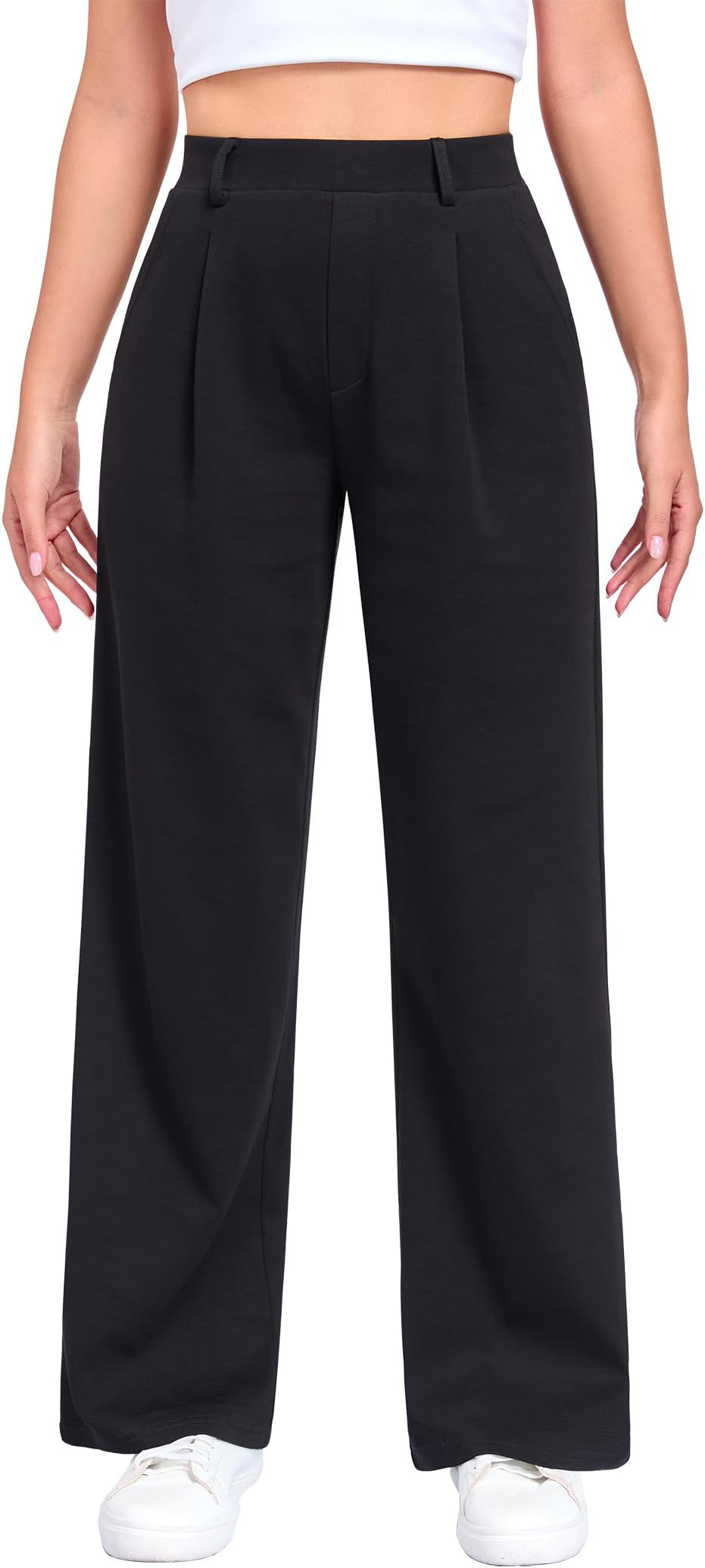 Wide Leg Pants for Women Stretchy Pull On Work Pants High Waisted Business Casual Trousers Slacks with Pockets