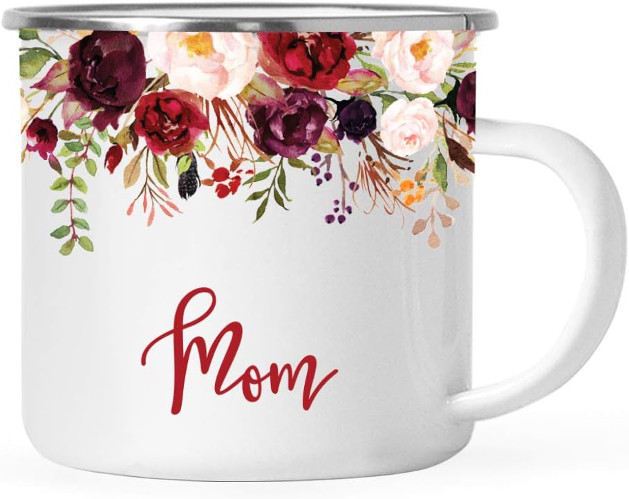 Andaz Press 11oz. Mother's Day Stainless Steel Campfire Coffee Tea Mug Gift, Fall Autumn Marsala Burgundy Flowers Roses Florals, Mom, 1-Pack, Includes Gift Box, Enamel Camping Christmas Gift Ideas