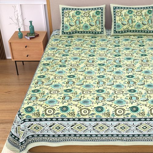 Image of India 100% Pure Cotton Jaipuri Printed Double Bedsheet with 2 Pillow Covers | Traditional Sanganeri Floral Design | Soft Breathable Fabric | King Size Bedsheet for Bedroom (Kaya54)