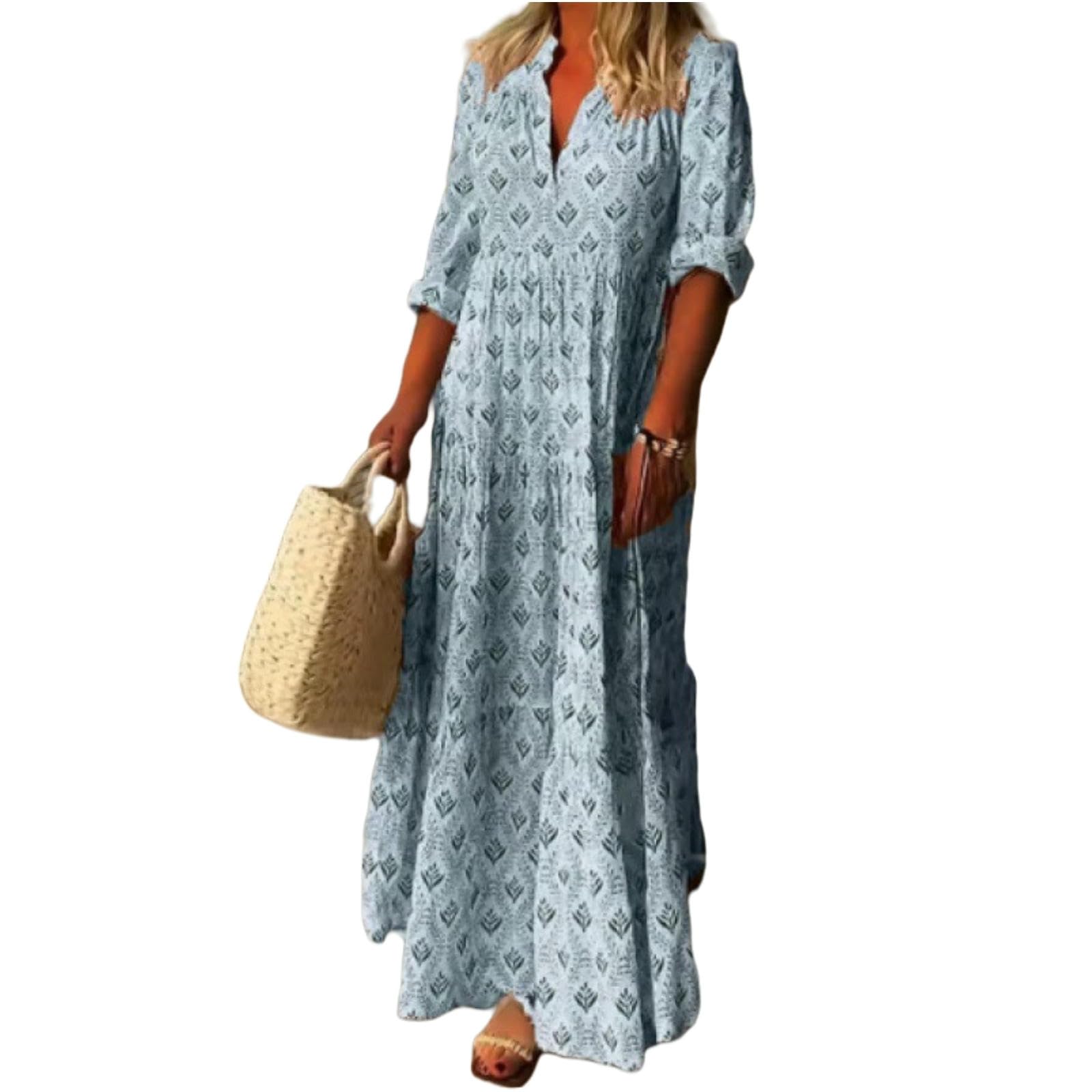 Damska letnia sukienka damska V Warstwa Długi rękaw Vintage Plus Size Luźna-Niebieski-l