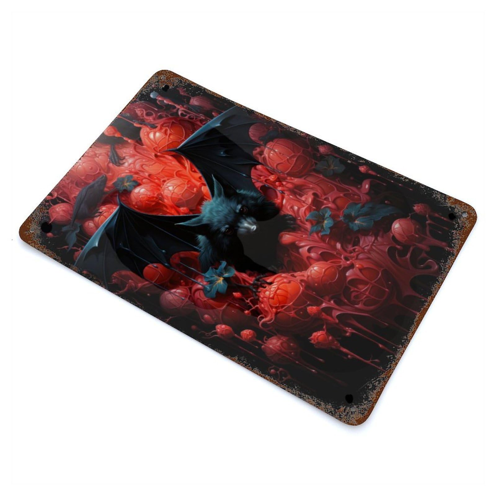Distressed Metal Wall Sign Bat And Blood 11.8"x7.9", Retro Wall Decor for Basement, Hobby Room And Garage Decor