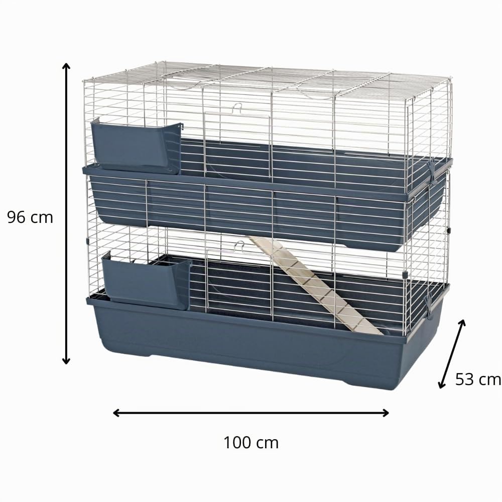 Maxi Baldo Twin Conigliera Gabbia per Coniglio, Roditori, Porcellini d'India e Cavie, Dimensioni Grandi con doppia base, chiusura di sicurezza, rete metallica a maglie, doppia greppia 100x53x96h