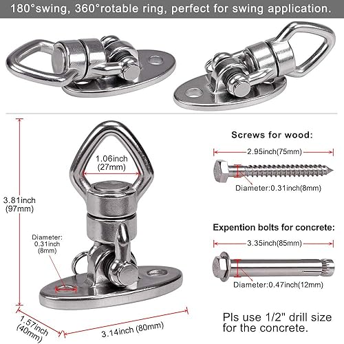 Miniatura 6 de BeneLabel Percha de columpio con rodamiento giratorio de 800 libras de capacidad de acero inoxidable para montaje en techo, kit para colgar sedas