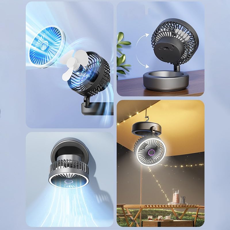 4-in-1 Portable Folding Fan with Light, Rechargeable Wall Mount Desktop Travel Camping Clip-On Desk Fan, Adjustable Height & Tilt, 5 Speed Settings, Powerful Quiet Foldable Small Desk Fans (Gray)