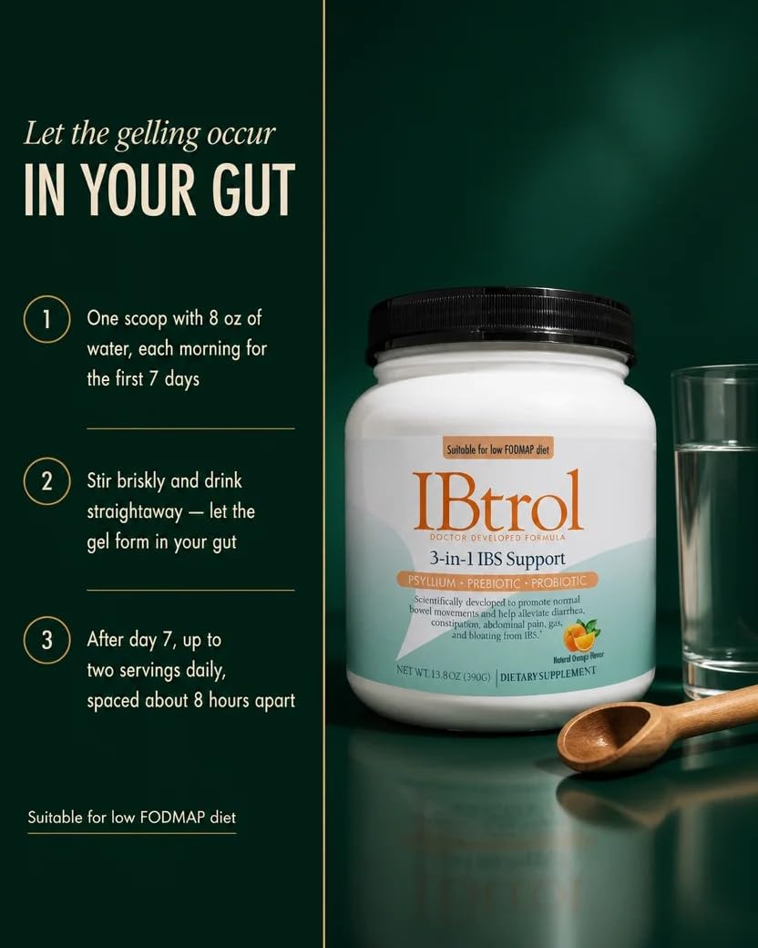 IBtrol® 3–in–1 IBS Gut Health Supplement with Psyllium, Prebiotic and Probiotics, Manages IBS Symptoms, Gas, Bloating, Diarrhea, Constipation, Abdominal Pain 60 Servings (Natural Orange Flavor) — Amazon image 6