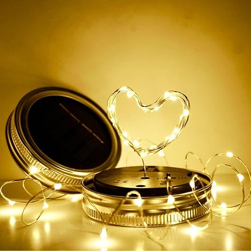 Miniatura 5 de Guirnalda de luces solares con tapa de tarro de masón, paquete de 8 unidades de 20 luces LED de hadas con 8 ganchos incluidos (tarros no incluidos),