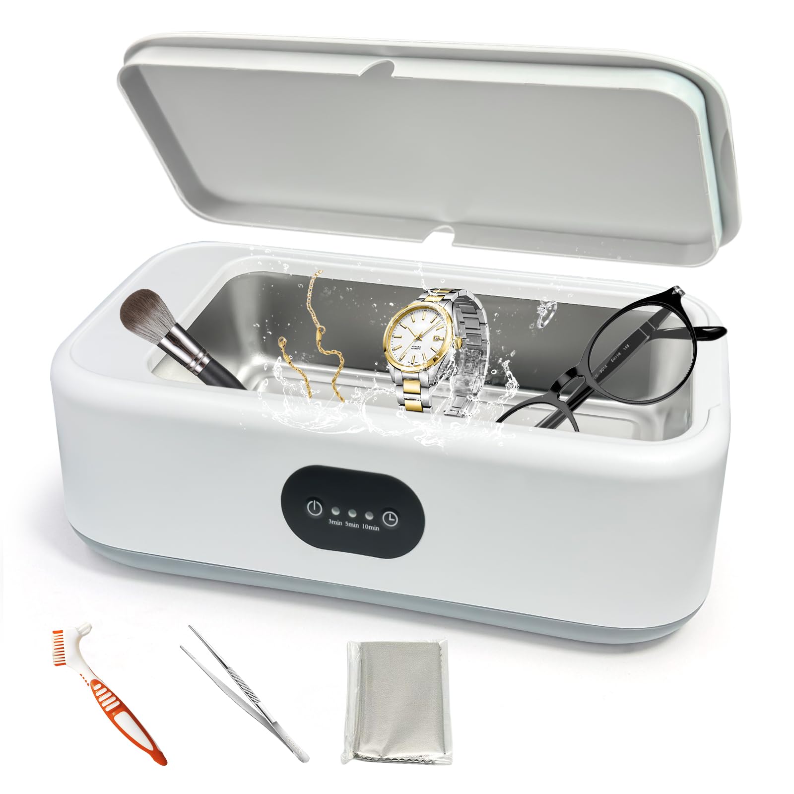 MTWML Pulitore ad ultrasuoni, 49 khz 22 oz ultrasonico gioielli pulitore macchina con 3 modalità timer per occhiali anello orecchino collane protesi braccialetto braccialetto trucco pennello