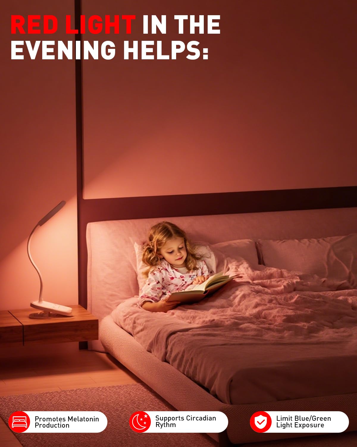 long-stars Lámpara de lectura de luz roja para dormir, luz de libro para leer en la cama con luz nocturna sin azul de 625 nm, 2 modos de color y temporizador, lámpara recargable de 2000 mAh para