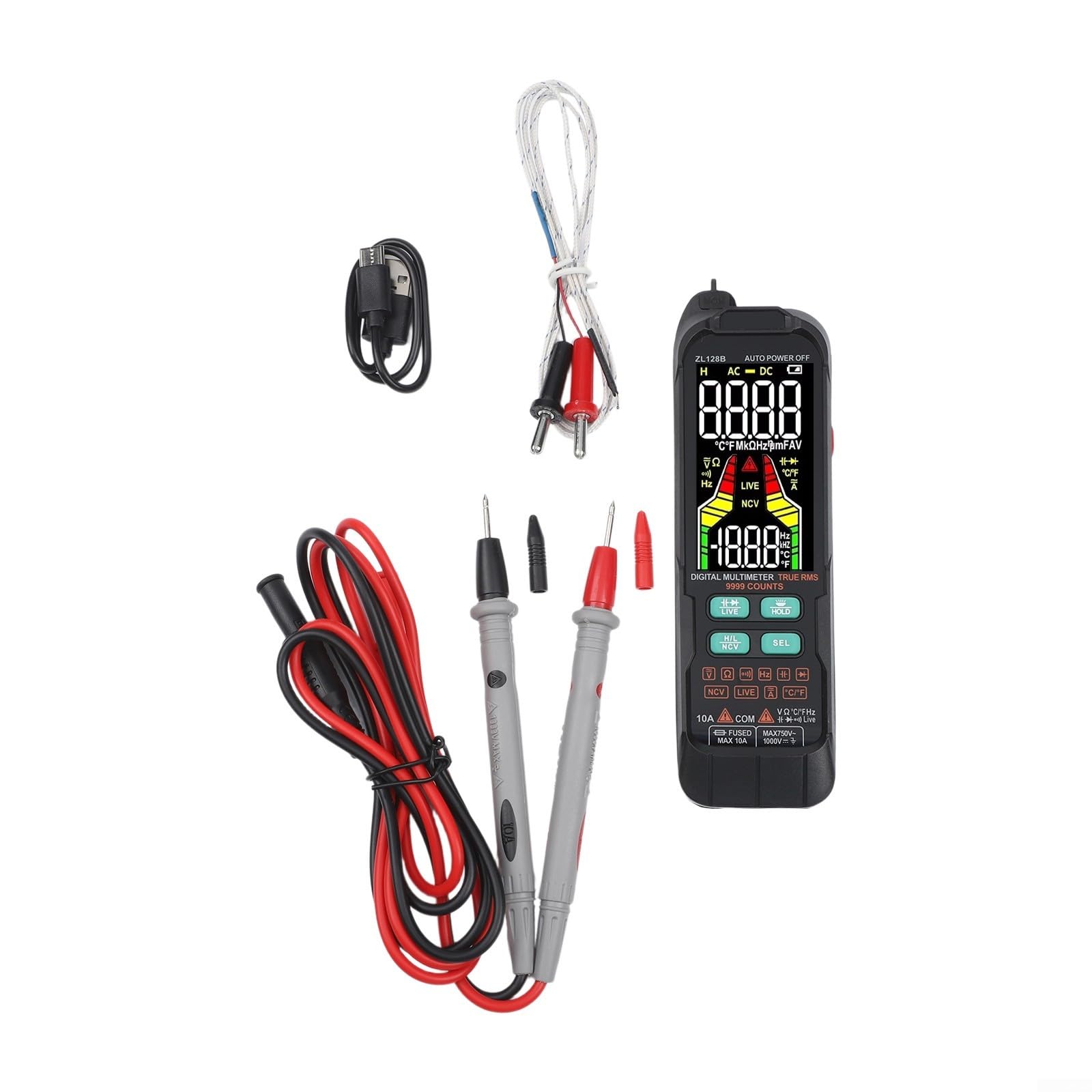 Multímetro digital ZL128 9999 Counts True para RMS, voltímetro de rango automático con prueba de cable vivo NCV y muestra de temperatura (ZL128B)