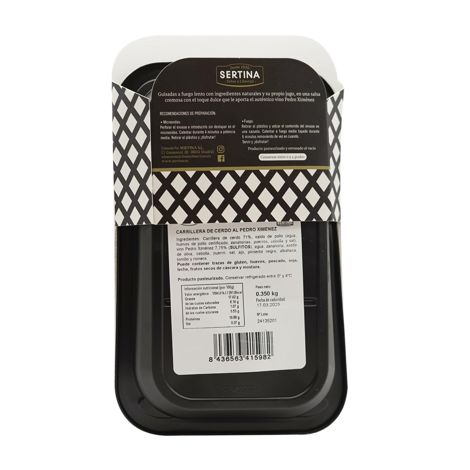 Sertina Carrilleras de Cerdo al Pedro Ximénez Pack de 6 x 350g - Plato gourmet listo para comer, 71% carrilleras de cerdo, sin conservantes, ingredientes naturales, sabor casero