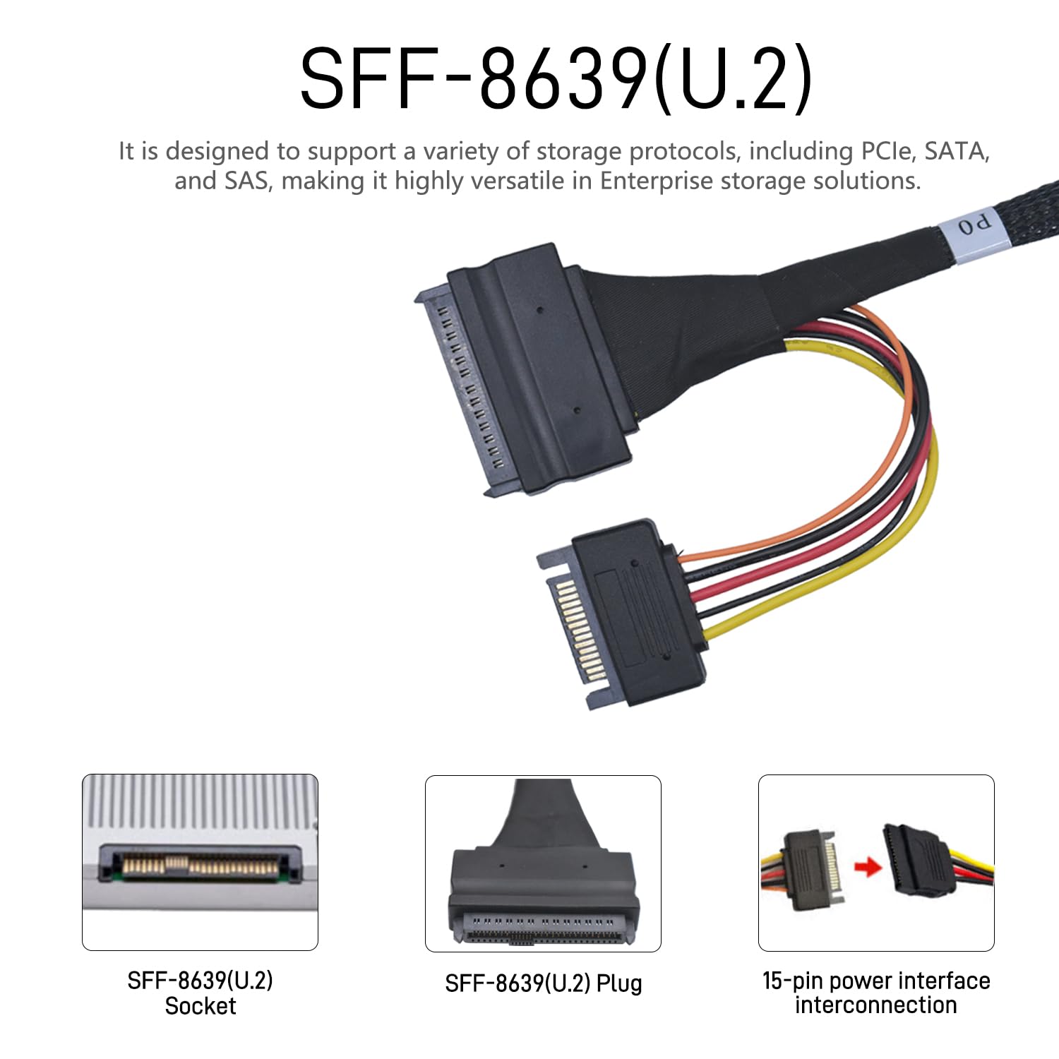 Cavo PCIe 5.0 MCIO x8 a 2 x SFF-8639 per SSD U.2 NVMe con alimentazione a 15 pin, 40 cm