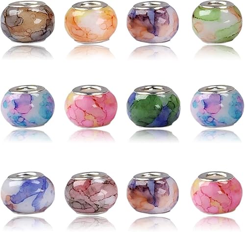 AIPRIDY 100 cuentas de cristal de Murano de 0.591 x 0.433in, mezcla de colores con núcleos de latón plateado, dije europeo (efecto acuarela OPEC