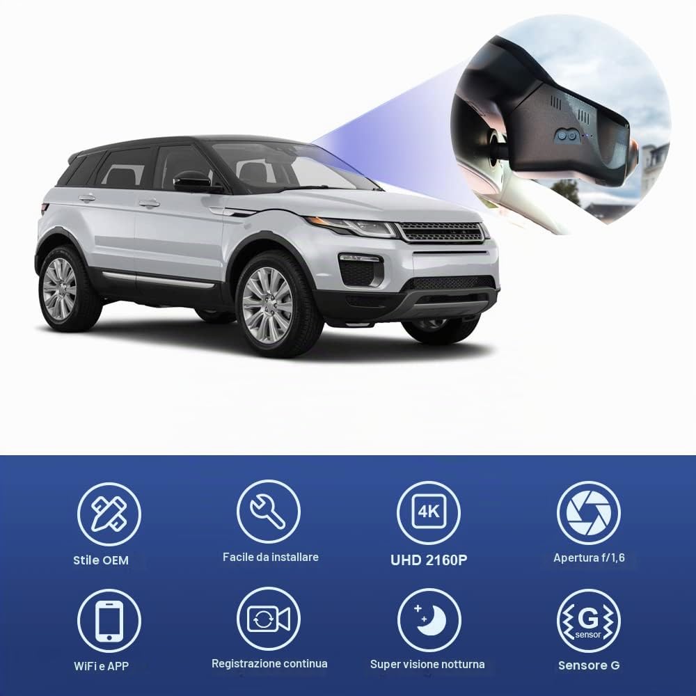 Fitcamx Dashcam 4K Adatto per Land Rover Range Rover Evoque 2012-2023 L538 L551 (modello 6111), OEM 2160P UHD video WiFi, G-sensor, registrazione in loop, WDR, Plug & Play, scheda da 64GB