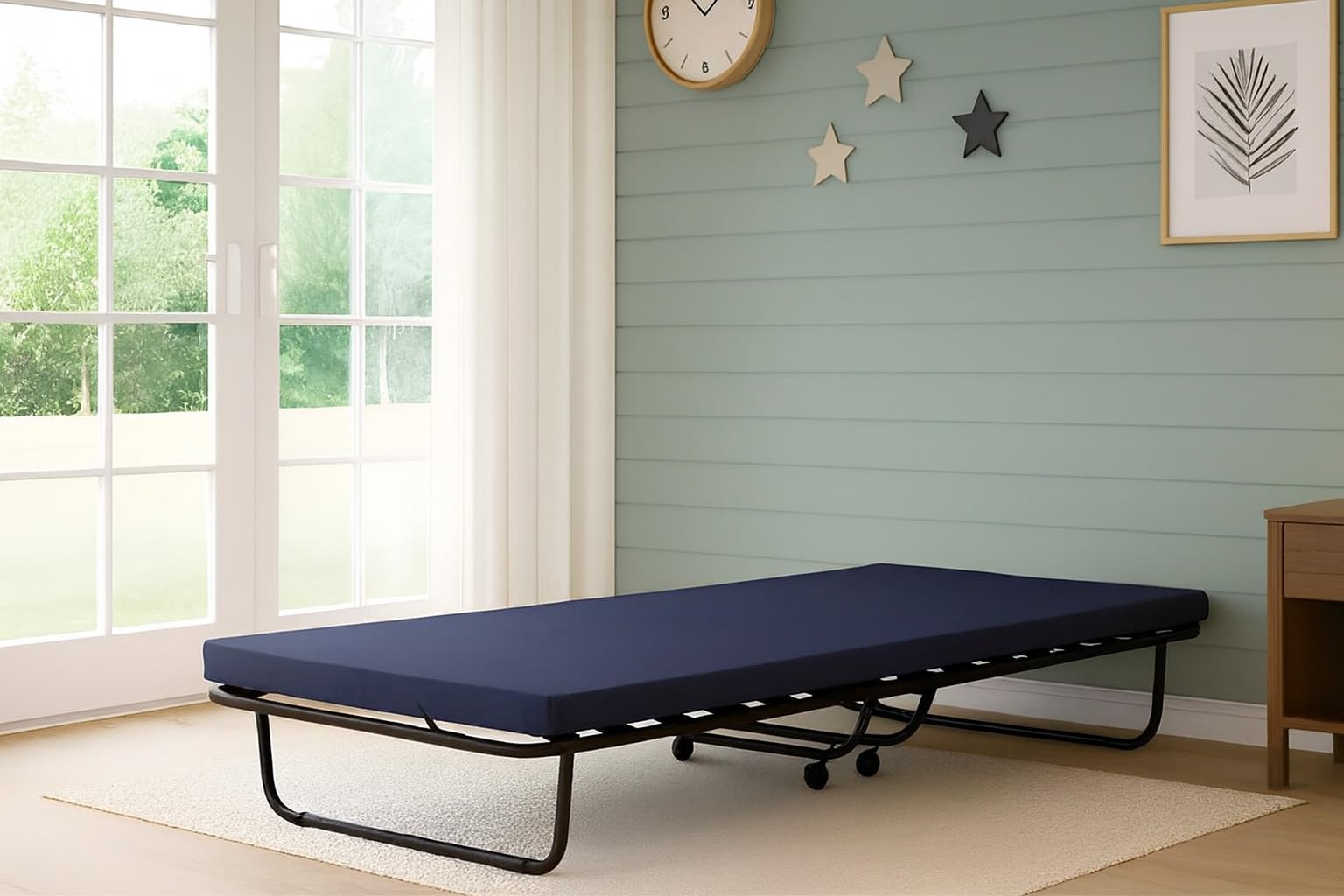 Bissolo Casa Letto Pieghevole Singolo con Materasso, Struttura in Metallo Nero, Rete a Doghe in Betulla, 80x190 cm, con Ruote, Altezza 34 cm