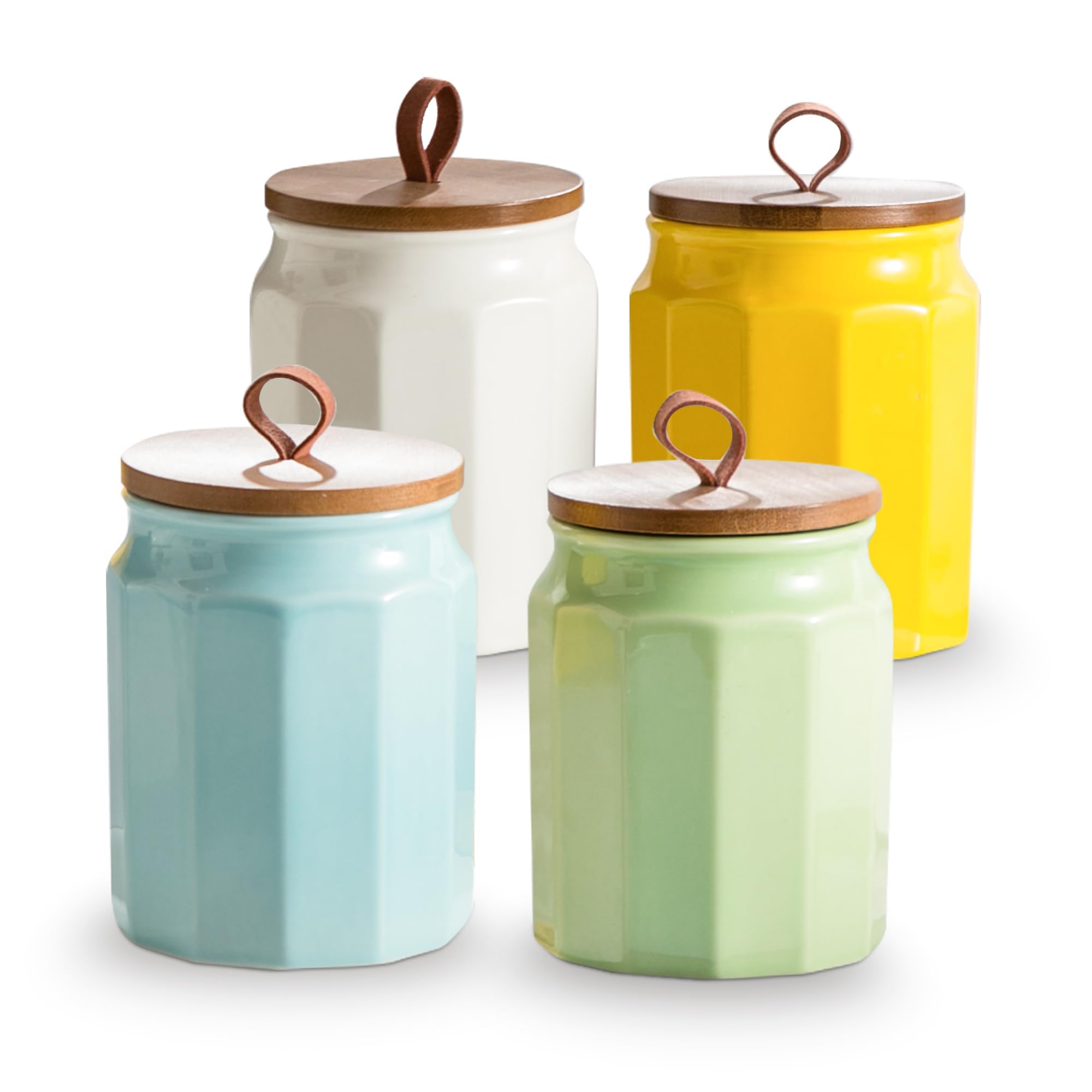 Ceramic Canister Sets for Kitchen Counter, 4-Piece Food Airtight Storage Jars for with Wood Lid, Storage Container for Coffee, Flour, Tea, Candy, Cookie, Spice