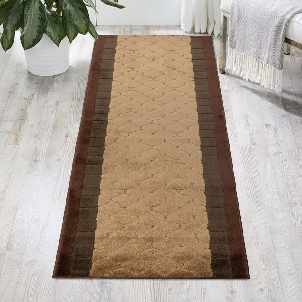 Washable Custom Size Runner Rug Volley Abstract Design Brown, (21 Feet Length x 26 Inch Width) Custom Cut Slip Resistant Rubber Backing Runner Rugs,