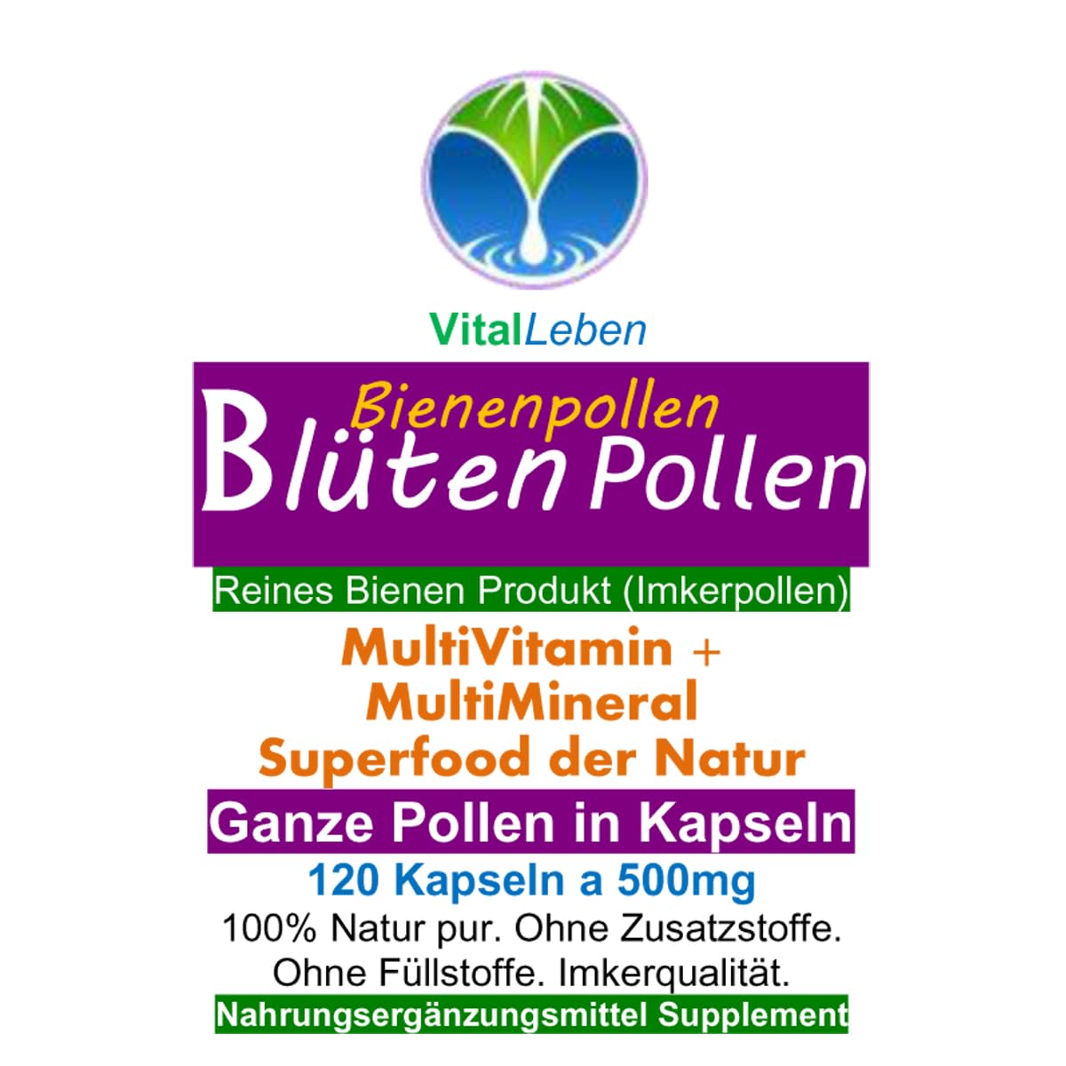 BLÜTENPOLLEN - GANZE Bienenpollen in Kapseln - MultiVitamin + MultiMineral NATUR PUR - 360 (3x120) Kapseln Imkerqualität - HOCHWIRKSAM. OHNE ZUSATZSTOFFE. 26925-3